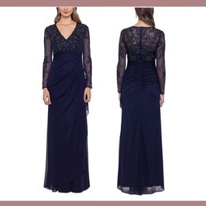 NEW Xscape [ 12 ] V Neck Long Sleeve Lace Embroidered Mesh‎ Gown Navy